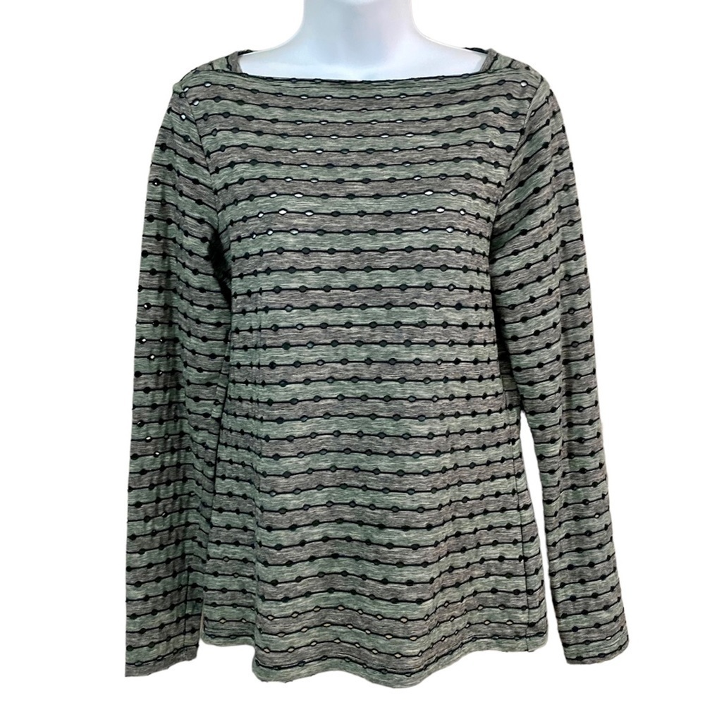 Worth New York Stripe Eyelet Boatneck Top Blouse Cotton Linen Medium Pullover